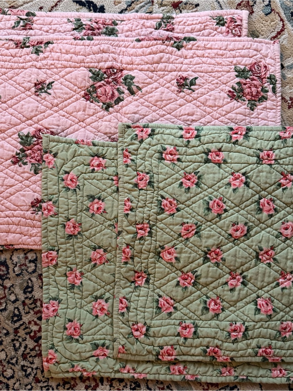 Set of 4 Two’s Company stitched floral cotton placemats pink green